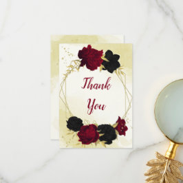 Cartão De Agradecimento flores vermelhas pretas ouro folhas casamento