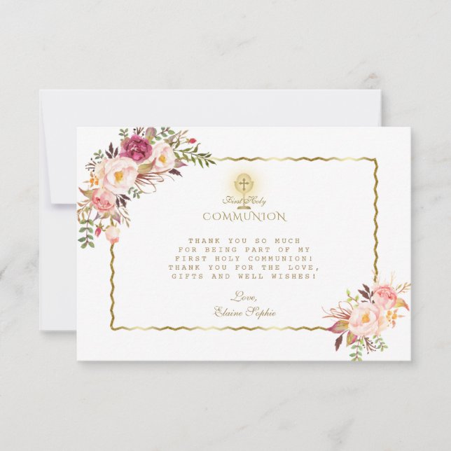 Cartão De Agradecimento Flores Vermelhas Rosa Elegantes Douradas Primeira  (Frente)