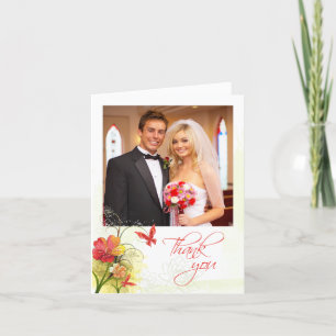 Cartão De Agradecimento Flores vermelhas verdes + borboleta casamento agra