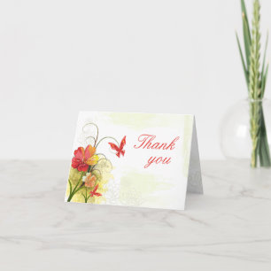 Cartão De Agradecimento Flores vermelhas verdes + borboleta casamento obri