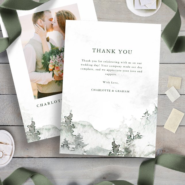 Cartão de Agradecimento Floresta Aquarela (Green and White Simple Minimalist Watercolor Forest Thank You Card
)