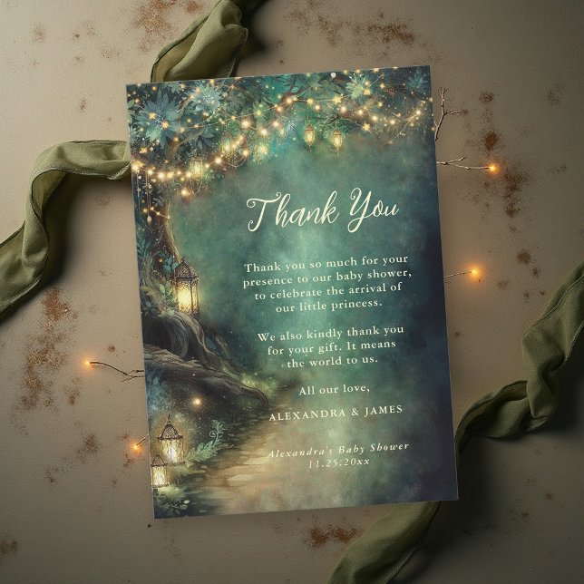 Cartão De Agradecimento Floresta Encantada Lanternas Mágicas Chá de Bebê F (enchanted forest baby shower thank you emerald green gold fairy lights lanterns magical woodland)