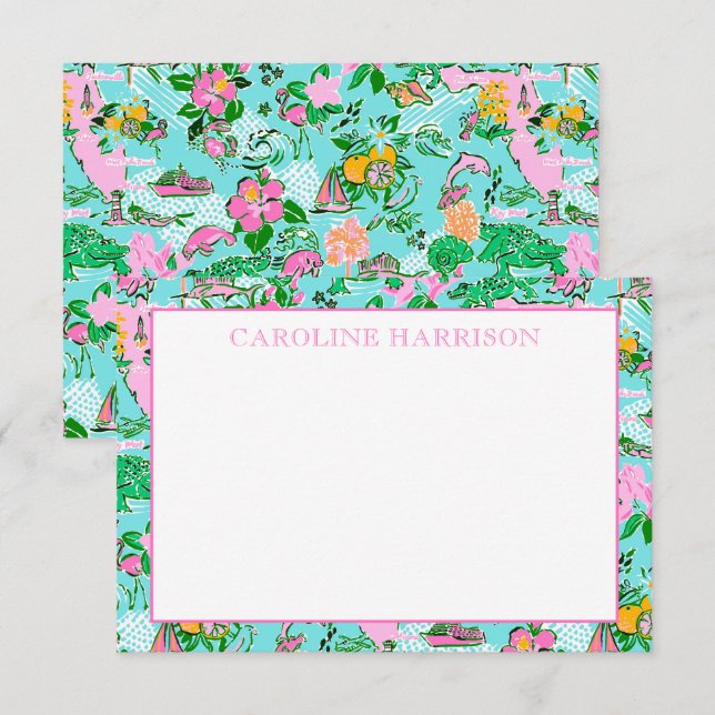 Cartão De Agradecimento Flórida Map Preppy Palm Beach Pattern Impressão (Frente/Verso)