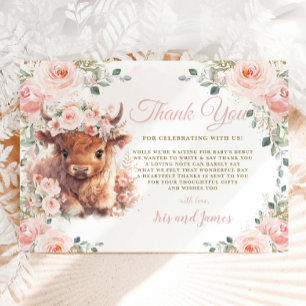 Cartão De Agradecimento Fluffy Highland Cow Pink Blush Chá de fraldas Flor