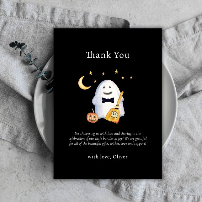 Cartão De Agradecimento Fofinho Fantasma Boo Little Churrasco de Bebê  (Cutie Little Boo Ghost Hollaween Baby Shower Thank You Card)