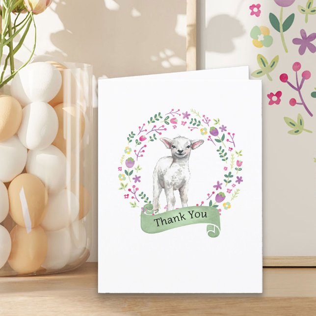 Cartão de agradecimento fofo com cordeiro em grina (Spring Lamb Thank You Card from my Little Bunny & Little Lamb Baby Shower collection)