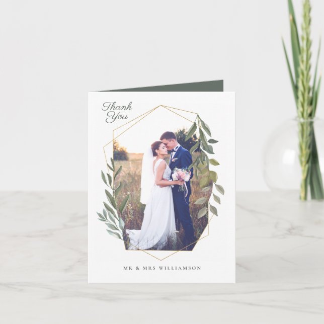 Cartão De Agradecimento Folhagem Mínima e Dourada Foto Geométrica do Terrá (Frente)