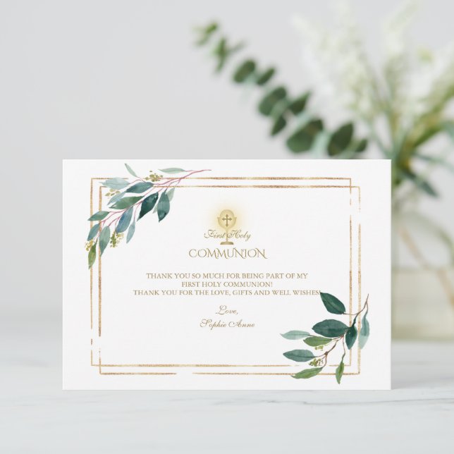 Cartão De Agradecimento Folhas de Eucalipto Ouro Primeira Comunhão  (Em pé/Frente)