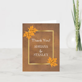 Cartão De Agradecimento Folhas de laranja no casamento marrom Obrigado