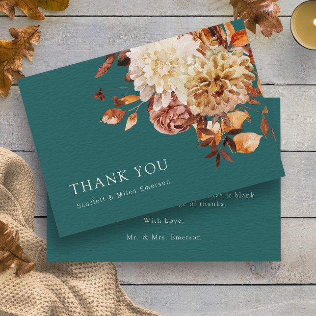Cartão De Agradecimento Folhas de Outono Turquesa (Teal Rustic Watercolor Fall Leaves Thank You Card by Painted Paperie
)