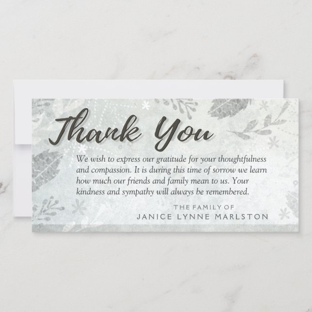 Cartão De Agradecimento Folhas de Prata Agradeço a simpatia da família (Frente)