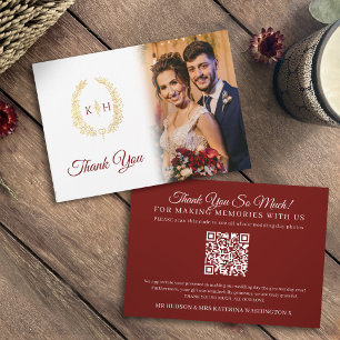 Cartão De Agradecimento Folhas ovais Douradas foto de casamento burgundy C