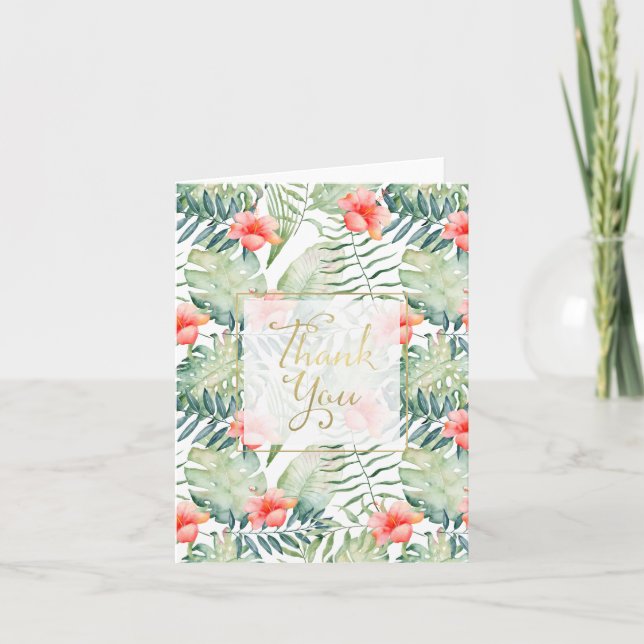 Cartão De Agradecimento Folhas tropicais Hibiscus Floral Obrigado (Frente)