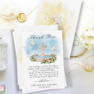 Cartão De Agradecimento Fonte elegante com flores e pombos