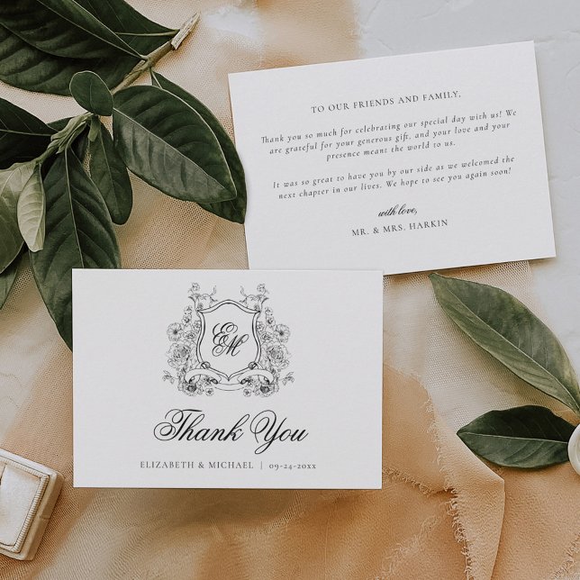 Cartão De Agradecimento Formal Floral Crest Monograma Elegante Casamento (Criador carregado)