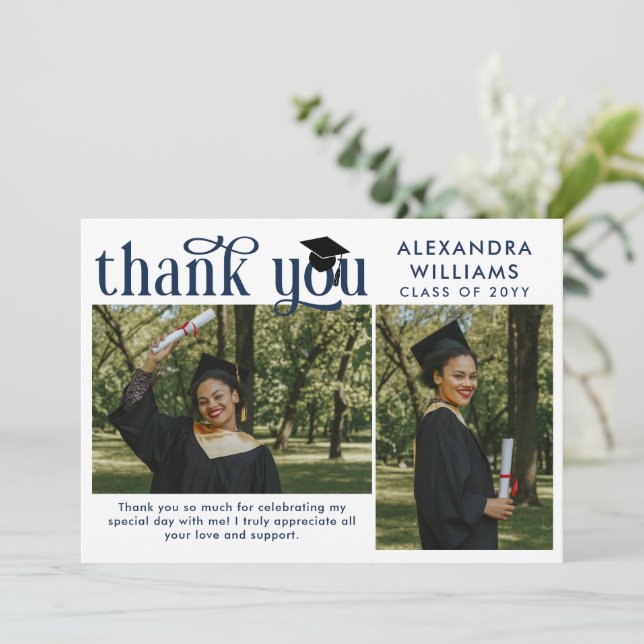 Cartão De Agradecimento Formando de Fotografia de Sobreposição Elegante Az (Em pé/Frente)