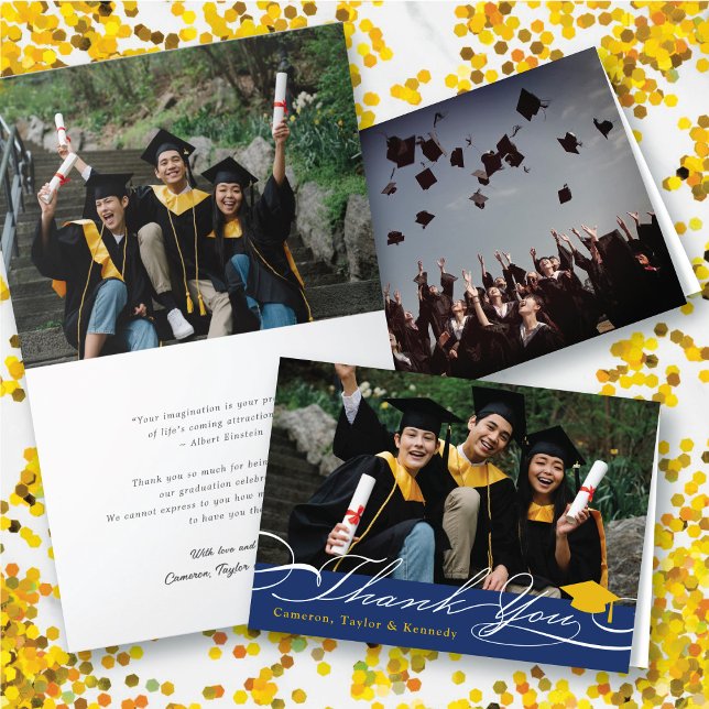 Cartão De Agradecimento Formando de Fotografias do Boné de formatura de Sc (Stylish Chic Script Graduation Cap Photo Grad Thank You Folded Card @ zazzle.com/color_therapy)