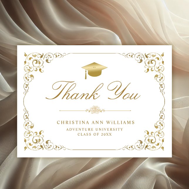 Cartão De Agradecimento Formatação Branca de Script de Ivy Dourada Elegant (Elegant white and gold ivy leaf Graduation Thank you card)