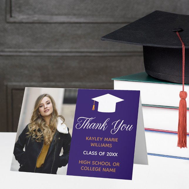 Cartão De Agradecimento Formatura em Ouro Roxo Foto de Formatura Graduado  (Criador carregado)