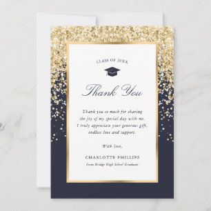 Cartão De Agradecimento Formatura Foto Azul Elegante Dourado