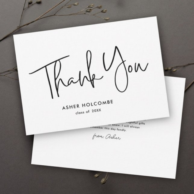 Cartão De Agradecimento Formatura Simples Rota Moderna (Simple handwritten black and white graduation thank you cards.)