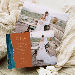 Cartão De Agradecimento Foto Ágata Azul Teal Dourado Enferrujado Casamento