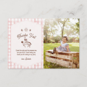 Cartão De Agradecimento Foto Aniversário Menina Caubói Vintage Gingham 