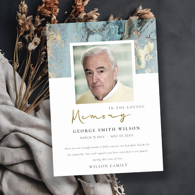 CARTÃO DE AGRADECIMENTO FOTO AQUA DUSKY BLUE DOURADO AGATE SYMPATHY MEMORI (Criador carregado)