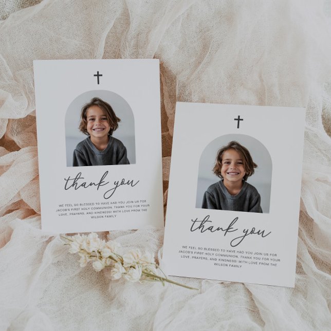 Cartão De Agradecimento Foto Archada Primeiro Rapaz Comunitário Obrigado (Zazzle Arched Photo First Communion Boy Thank You)