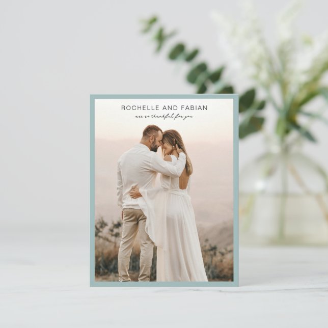 Cartão De Agradecimento Foto Azul Simples e Sofisticada para Casamento Ele (Em pé/Frente)