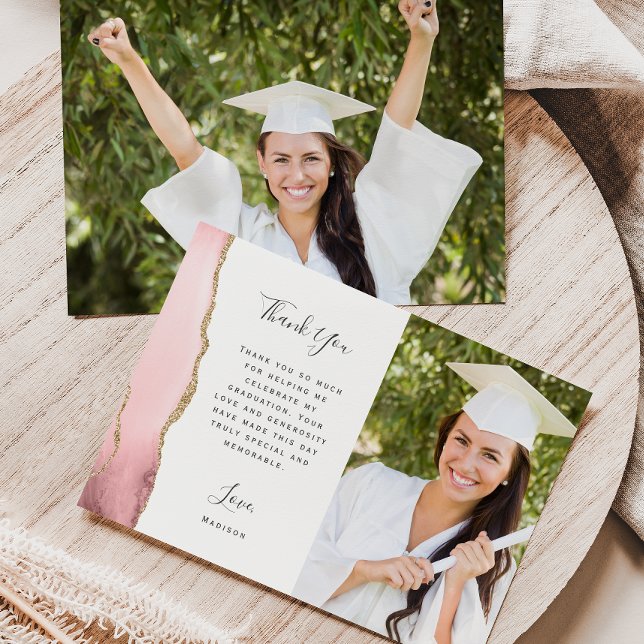 Cartão De Agradecimento Foto Blush Ágata Dourado Script Formatura (Criador carregado)