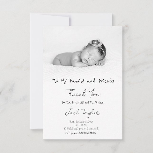 Cartão De Agradecimento Foto Branca Moderna Foto Escrita Manuscrita Bebê N (Frente)