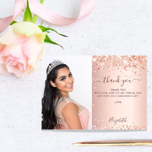 Cartão De Agradecimento Foto brilhante do rosa de Quinceanera