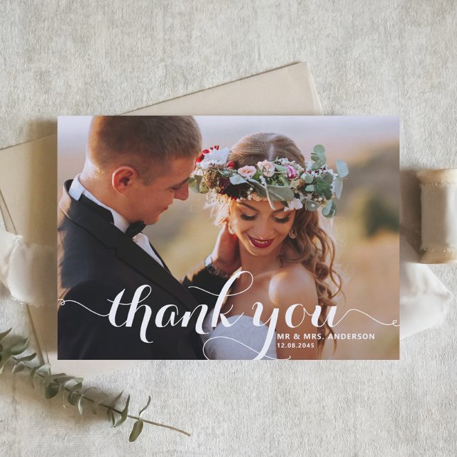 Cartão De Agradecimento Foto Casamento Caligrafia Moderna Branca (Criador carregado)