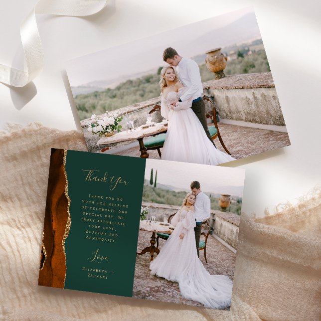 Cartão De Agradecimento Foto: Casamento de Script Dourado Verde Agate Rust (Criador carregado)