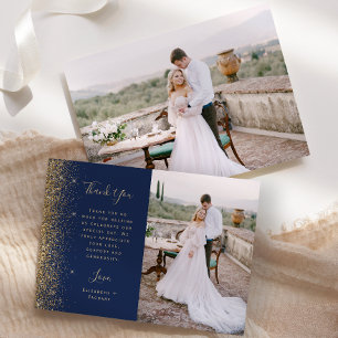 Cartão De Agradecimento Foto Casamento Script Glitter Dourado Azul Marinho