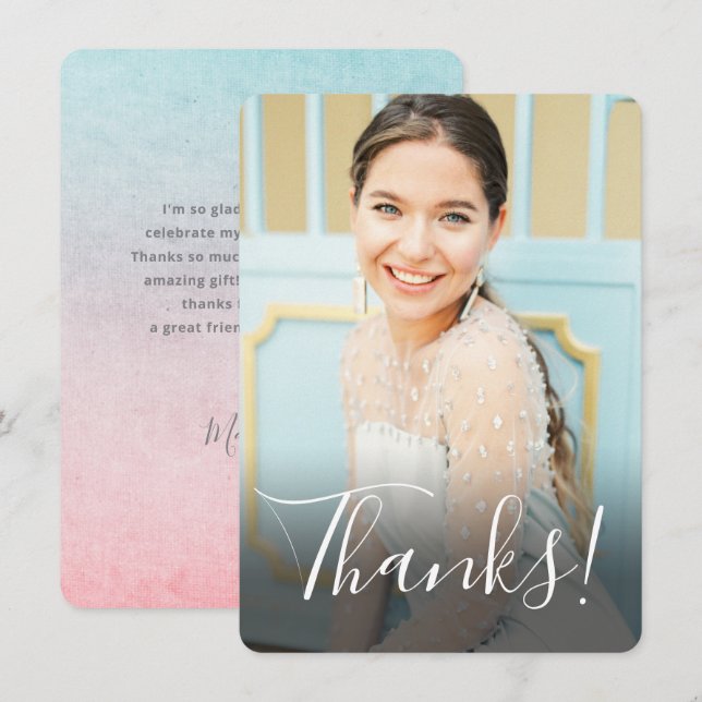 Cartão De Agradecimento Foto Cheia Atrás Aquarela Pastel Aqua (Frente/Verso)