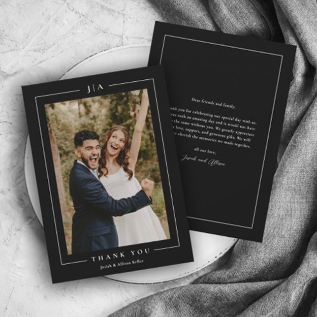 Cartão De Agradecimento Foto Clássica de Casamento Preto e Branco (Elegant black and white wedding photo thank you card with monogram and simple typography.)