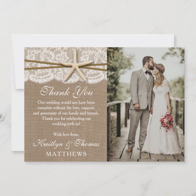 Cartão De Agradecimento Foto da Coleção de Casamentos de Starfish Rustic B (Frente)