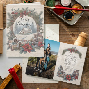 Cartão De Agradecimento Foto da família rustic Pine Wreath na Vintage de N