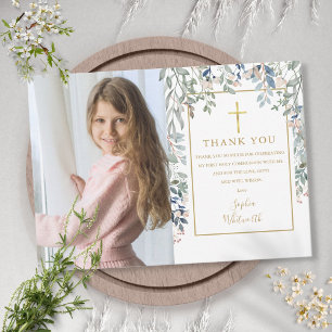 Cartão De Agradecimento Foto da Folhagem Floral da Primeira Sagrada Comunh