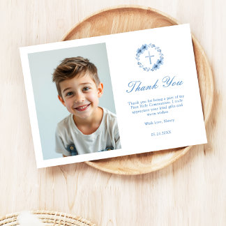 Cartão De Agradecimento Foto da Primeira Comunhão da Cruz Floral Minimalis