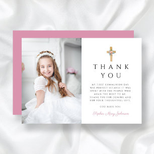 Cartão De Agradecimento Foto da Primeira Comunhão da Cruz Floral Moderna