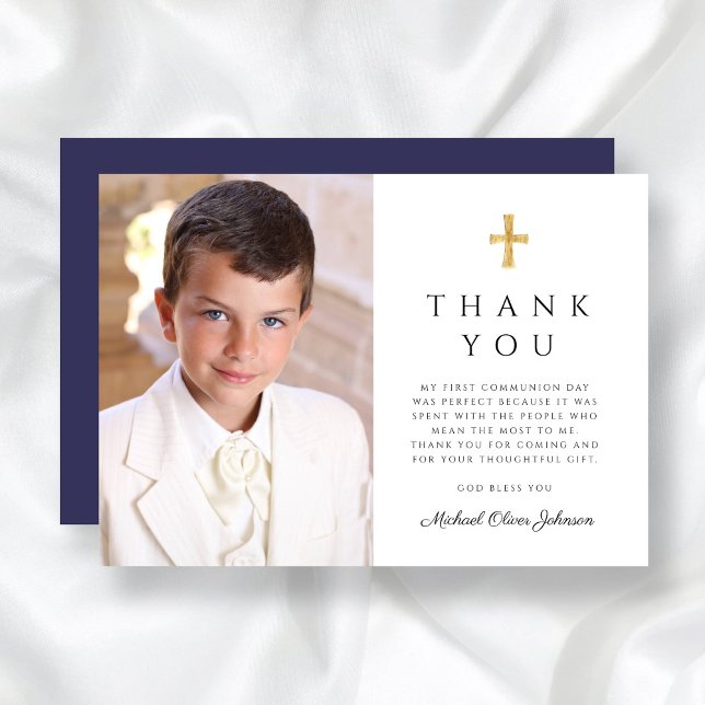 Cartão De Agradecimento Foto da Primeira Comunhão do Blue Cross Boy do Mar (Modern Navy Blue Cross Boy First Communion Photo Thank You Card)