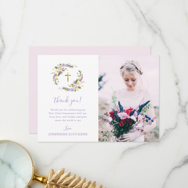 Cartão De Agradecimento Foto da Primeira Comunhão Roxa (Frente/Verso In Situ)