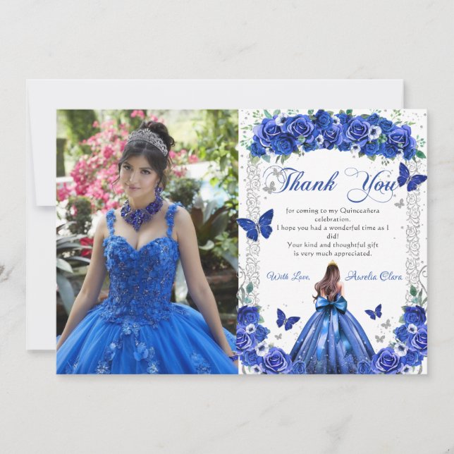 Cartão De Agradecimento Foto da Quinceañera Princesa Floral Azul Borboleta (Frente)