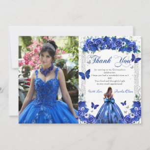 Cartão De Agradecimento Foto da Quinceañera Princesa Floral Azul Borboleta