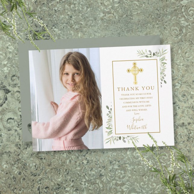 Cartão De Agradecimento Foto da Santa Comunhão Dourada Cross Greenery (First Holy Communion Gold Cross Greenery Photo Thank You Card)
