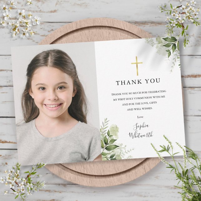 Cartão De Agradecimento Foto da Santa Comunidade Rustic Greenery (First Holy Communion Rustic Greenery Photo Thank You Card)