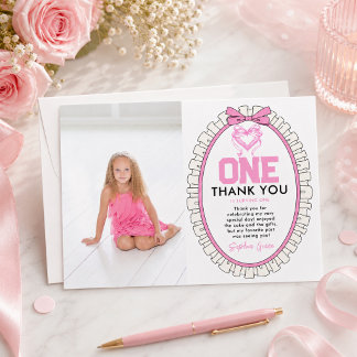 Cartão De Agradecimento Foto de 1º Aniversário Coquette com Laço Rosa Fofo